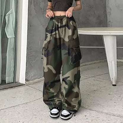 Calças Cargo Camo Print Feminina, Streetwear Hip Hop, Coristas, Moletom, Cordão, Casual, Solto, Calças de Pernas Largas, Mulheres