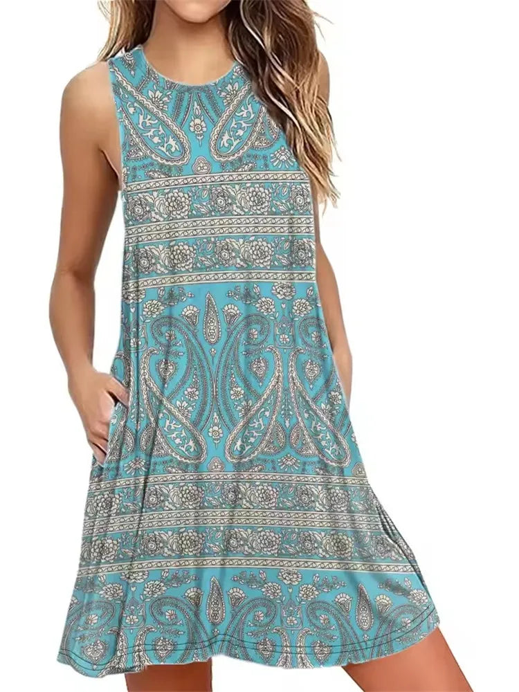 9XL Plus Size Sundress Loose Flowers Plant 3D Printing Dress For Women 2025 Summer Retro Sleeveless Dress Casual Beach Dresses