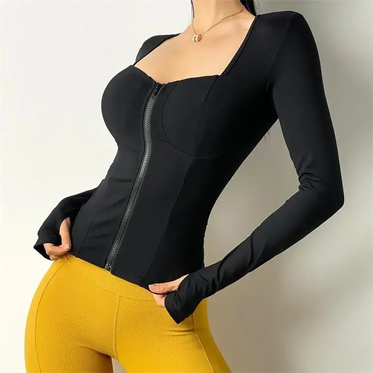 Sexy Slim Fit Long Sleeve Sports Jacket With Chest Pad Women's Yoga Running Fitness Top For Autumn Nike Airbag Training Shoes