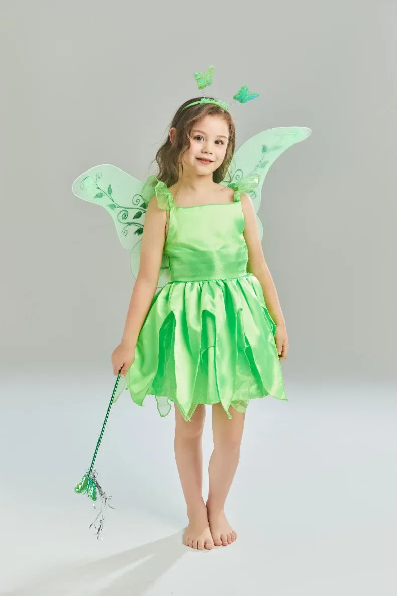 Girls Disney Party Dresses Fairy Tiana Costume for Girl Tinkerbell Children Clothing Princess Elf Birthday Ball Gown Wing Dresse
