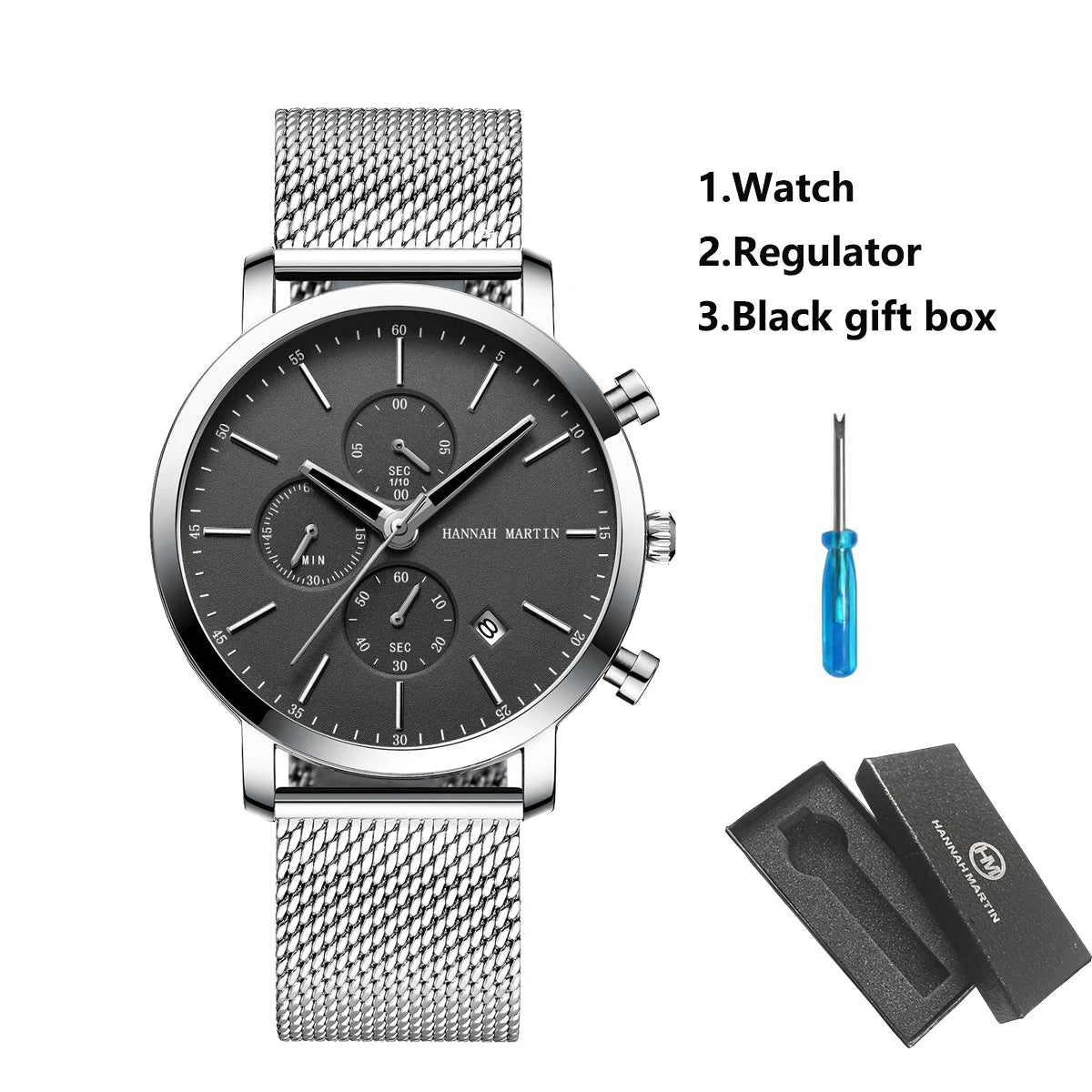 HANNAH MARTIN Brand Men Watch Black Stainless Steel Waterproof Fashion Sports Multifunctional Quartz Wristatch Relogio Masculino