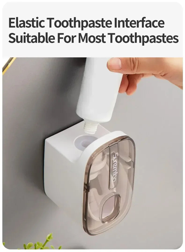 1 dispensador de pasta de dientes, accesorio de baño, exprimidor de pasta de dientes de pared, soporte para cepillo de dientes.