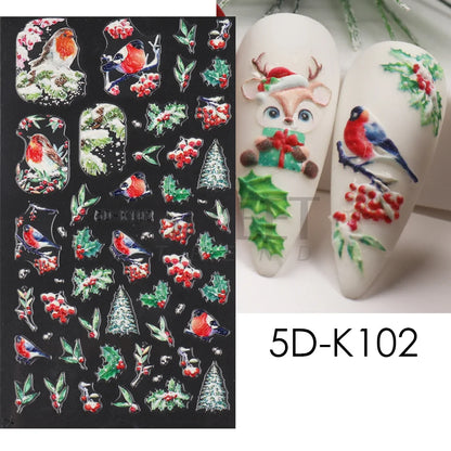 5D Red Christmas Nail Stickers Glitter Embossed Snowflake Gloves Feather Bulb Bells Winter Xmas DIY Engraved Manicure Decoration