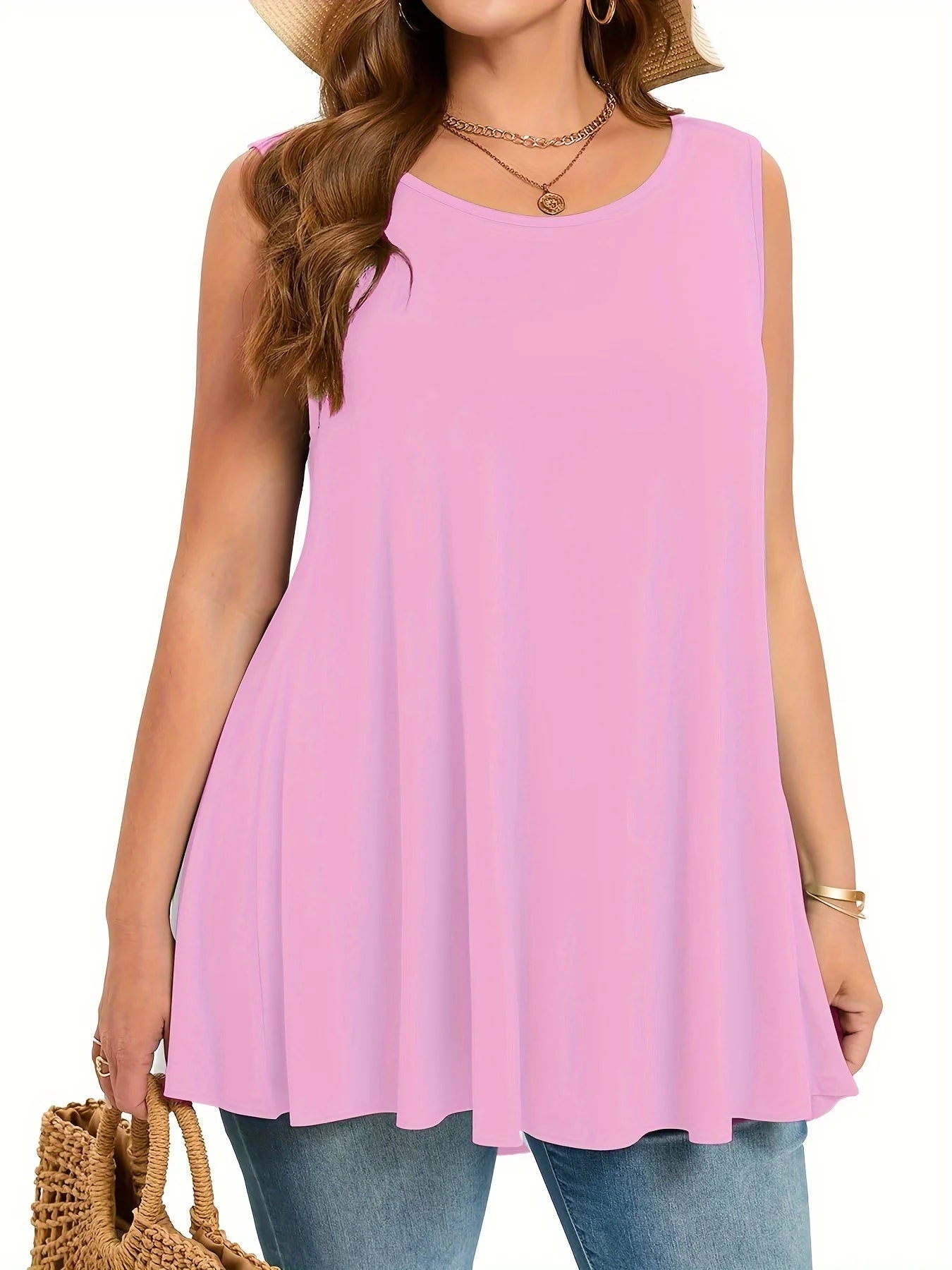 Plus size simples sólido regata casual tripulação pescoço sem mangas regata para o verão roupas femininas plus size