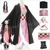 Anime Nezuko Cosplay Kamado Nezuko Cosplay Costume Nezuko Wig Uniform with Props for Adult Kids Halloween Carnival Costumes