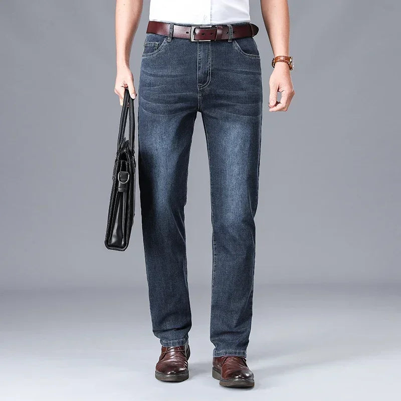 2024 Brand Thin or Thick Material Men's Elastic Cotton Jeans Fashion Gray Comfortable Denim Business Casual High Waist Pants