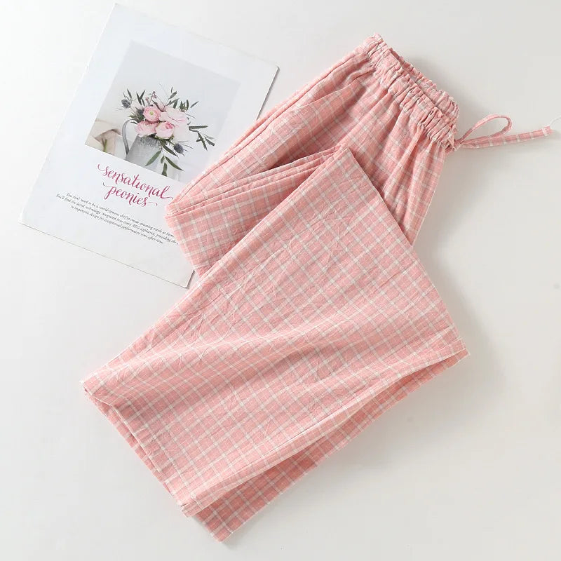 Plus Size Japanese Minimalist Checked Women Pajamas Trousers Women Soft Home Pants Loose Casual Pants Elastic Waist Home Pants