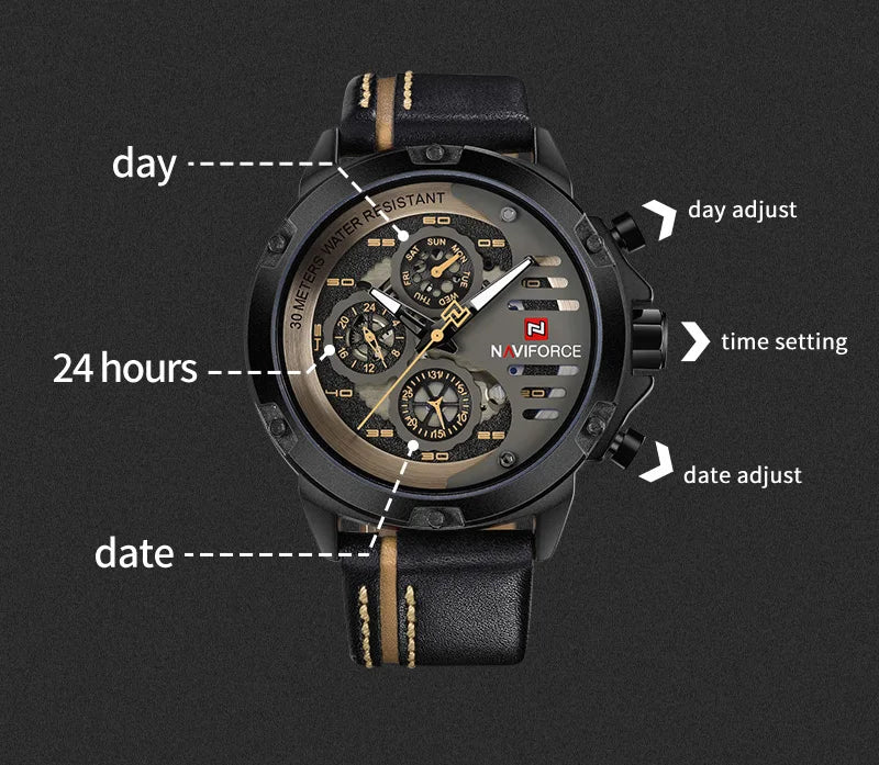 NAVIFORCE Mens Watch Top Brand Luxury Waterproof 24 Hour Date Quartz Watch Man Leather Sport WristWatch Men Waterproof Clock