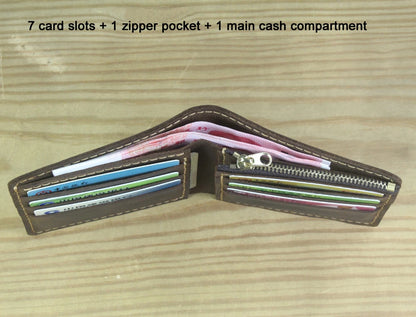 Luxury Handmade Genuine Leather Men Wallet Bifold Purse Male Wallets Short Money Clip Vintage Leather Money Bag with zip pocket