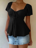2026 Women Y2k Summer Tops V-Neck Drawstring Sexy Lace Up Short Sleeve Solid Color Shirts Female Elegant Casual Fashion Blouses
