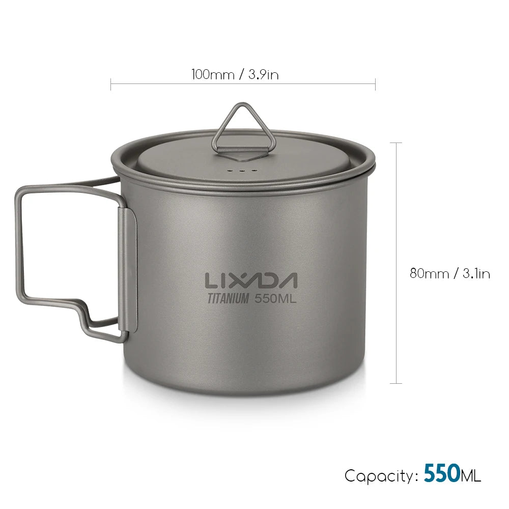 Taza de agua ultraligera de titanio Lixada con asa plegable, portátil para exteriores, camping, picnic, 300 ml/350 ml/550 ml/650 ml