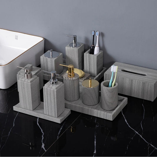 Accesorios de baño de mármol gris natural nórdico, dispensador de jabón, hisopo de algodón, caja de pañuelos, jabonera, bandeja, decoración de baño