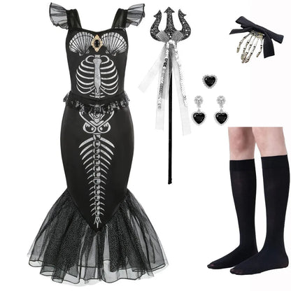 Halloween New Horror Skeleton Little Mermaid Costume Ariel Princess Black Skeleton Fishtail Dress Holiday Special Dress