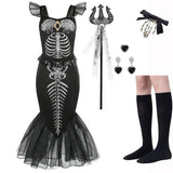 Halloween New Horror Skeleton Little Mermaid Costume Ariel Princess Black Skeleton Fishtail Dress Holiday Special Dress