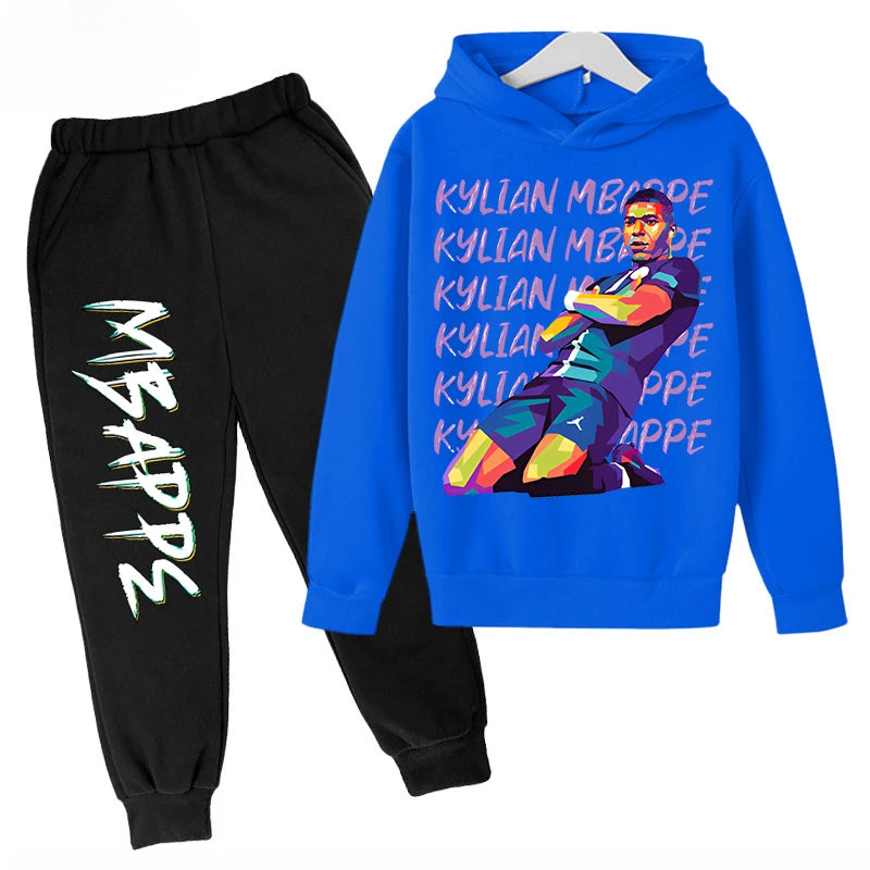 Conjunto de sudadera con capucha para niños, conjunto de sudadera y pantalones con estampado de Mbappe, ropa deportiva de 2 piezas para niños y niñas, primavera y otoño
