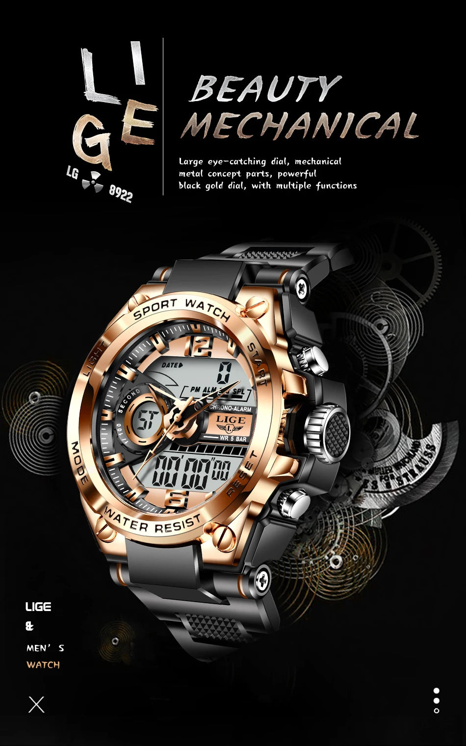 Reloj militar LIGE para hombre, digital, resistente al agua hasta 50 m, LED, de cuarzo, deportivo, grande, Masculino