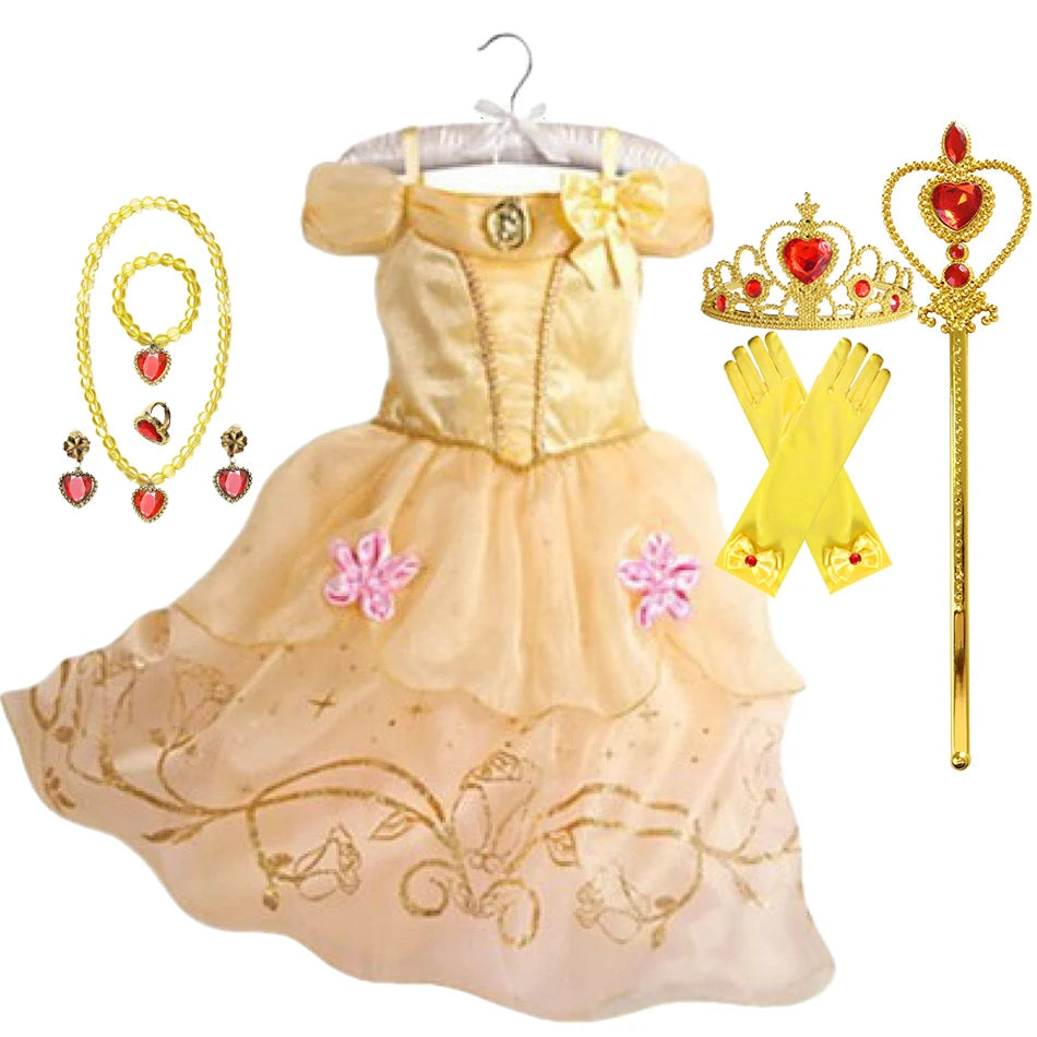 Vestido de Princesa para Festa à Fantasia – Novo Modelo 2025 – Ideal para Natal, Aniversário e Carnaval (Estilos Rapunzel e Bela)