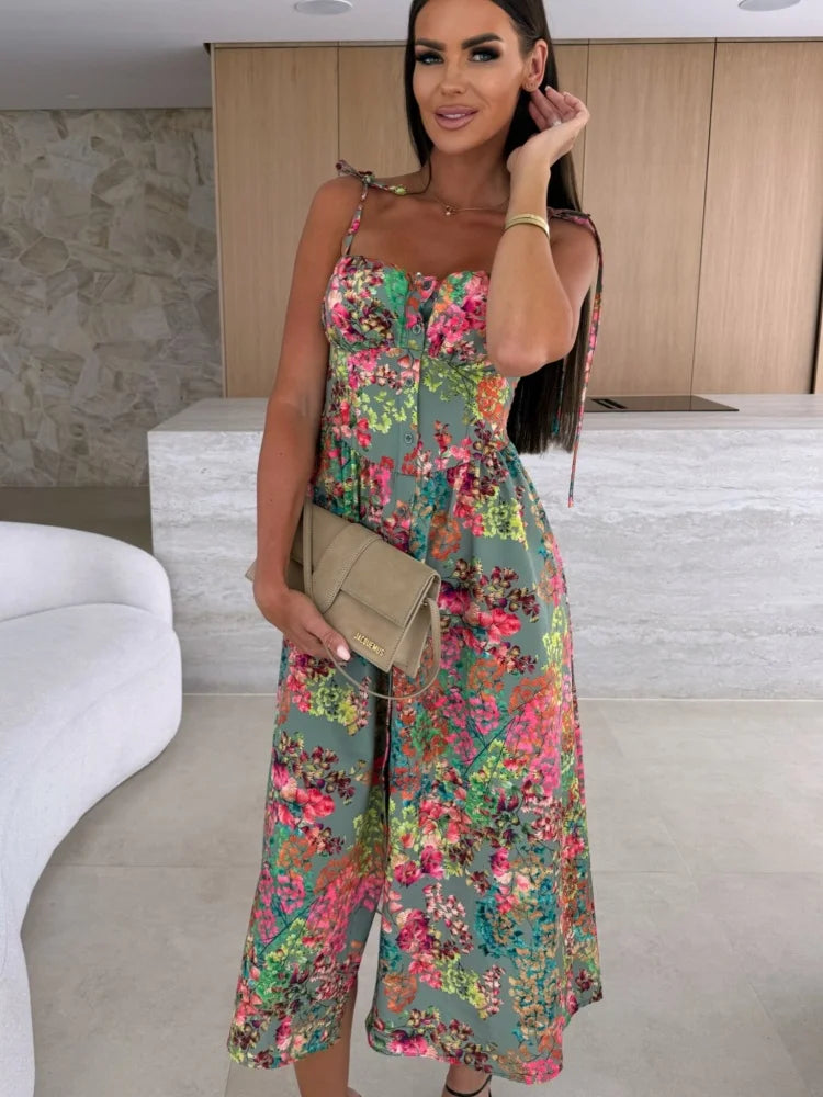 Summer Fashion Sleeveless Women Sling Dress Print Elegant Casual Long Party Evening Dress