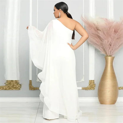 Elegant Chiffon One Shoulder Wide Leg Jumpsuit Women Club Party Birthday Outfits One Pieces Rompers Overalls Combinaison Femme