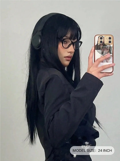 EASIHAIR Long Silky Straight Synthetic Wigs with Bangs Black Cosplay Party Lolita Hair Wigs for Women Natural Heat Resistant Wig