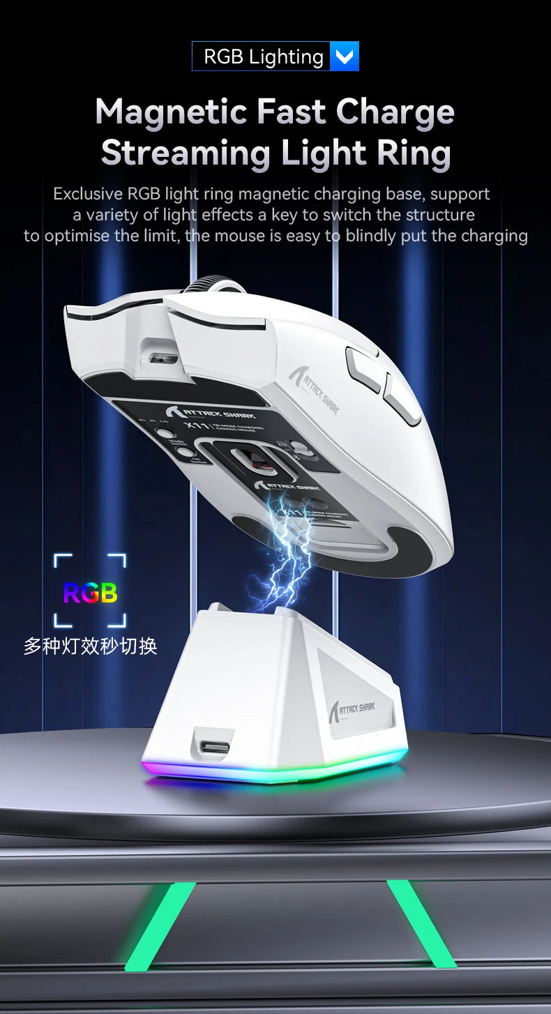Attack Shark X11 Wireless Mouse Paw3311 22000DPI Buletooth Three Mode Rgb Charging Dock Lightweight Game E-Sports Mouse Laptop