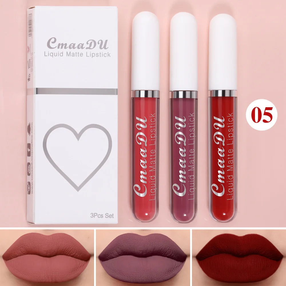 Juego de 3 brillos labiales de terciopelo mate, resistentes al agua, de larga duración, líquidos, cosméticos, maquillaje que dura 24 horas.