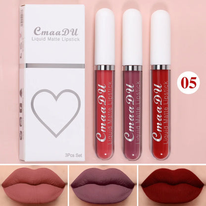 Juego de 3 brillos labiales de terciopelo mate, resistentes al agua, de larga duración, líquidos, cosméticos, maquillaje que dura 24 horas.