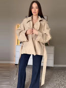 Casual Office Women's Bomber Jacket Chic Lace Up Lapel Collar Full Sleeve Female Coat Spring New Office Lady Outerwear Commuting