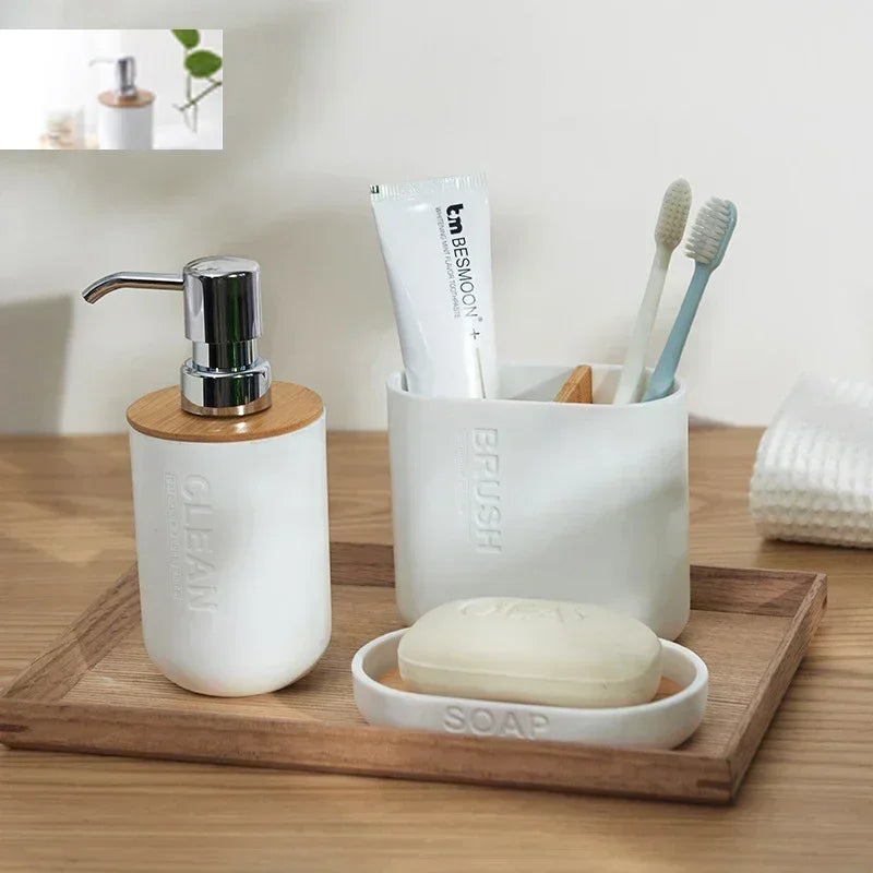 Juego de accesorios de baño, dispensador de loción y jabón de diseño, soporte para cepillo de dientes, jabonera, vaso o botella de madera, taza, negro, blanco y gris.