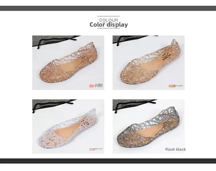 Women's Flat Bottom Plastic Jelly Sandals Hollow out Slip-On Beach Shoes Comfortable Lightweight Summer Footwear