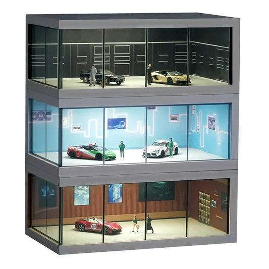 1/64 Simulated Alloy Car Model Showroom for Boy Miniature Acrylic Parking Lot Car Display Stand with Lights Kids Collection Toys