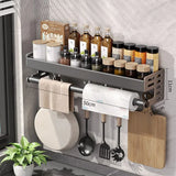 Gunmetal Space Aluminum Kitchen Storage Rack - No-Drill Wall Mounted Multi-Functional Organizer for Spice Jars and Knives