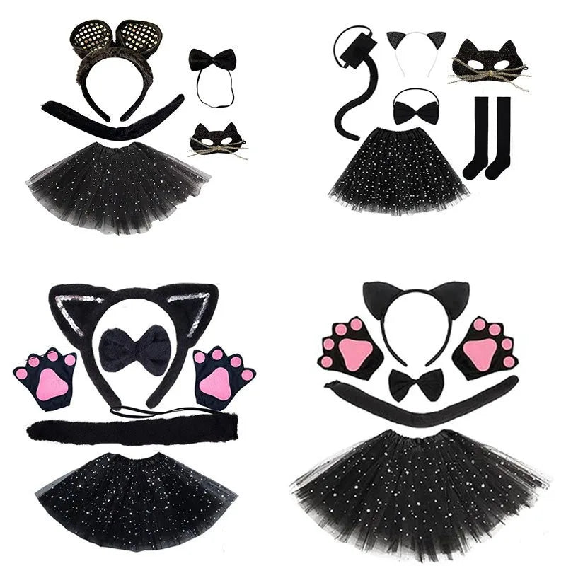Animal Cat Tiger Cosplay Costume for Boys Girls Headband Clothes Shoes Tail Tutu Skirt Gloves Set for Kids School Performance