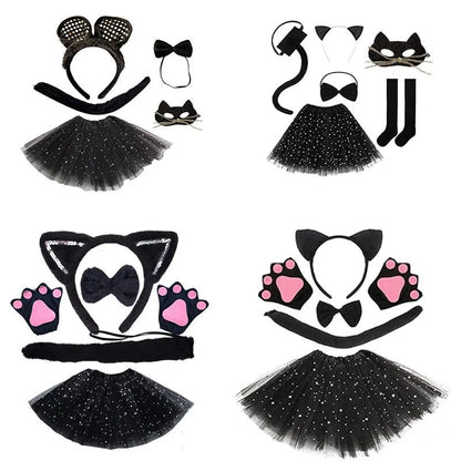 Animal Cat Tiger Cosplay Costume for Boys Girls Headband Clothes Shoes Tail Tutu Skirt Gloves Set for Kids School Performance