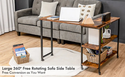 Large 360° Free Rotating Sofa Side Table, Patented Mobile Couch Desk with 2-Tier Storage Shelves, Movable Laptop Table