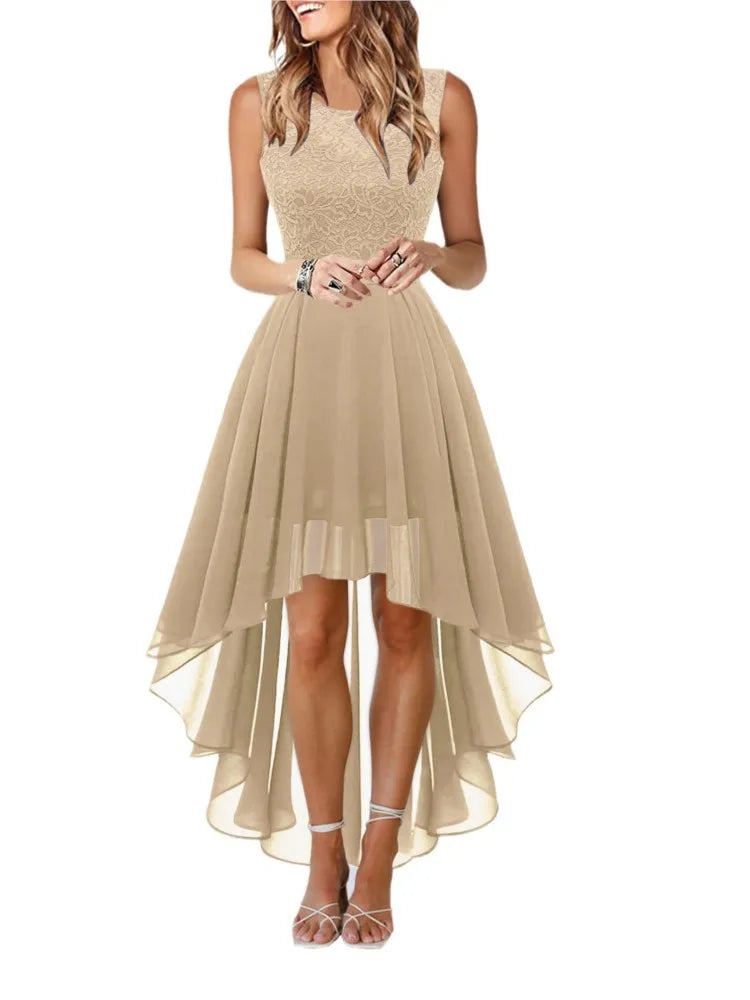 Hollow-outch Chiffon Dress Dinner Lace Dress Women's Elegant Temperament British Style High-waisted Sleeveless Round-neck Dress