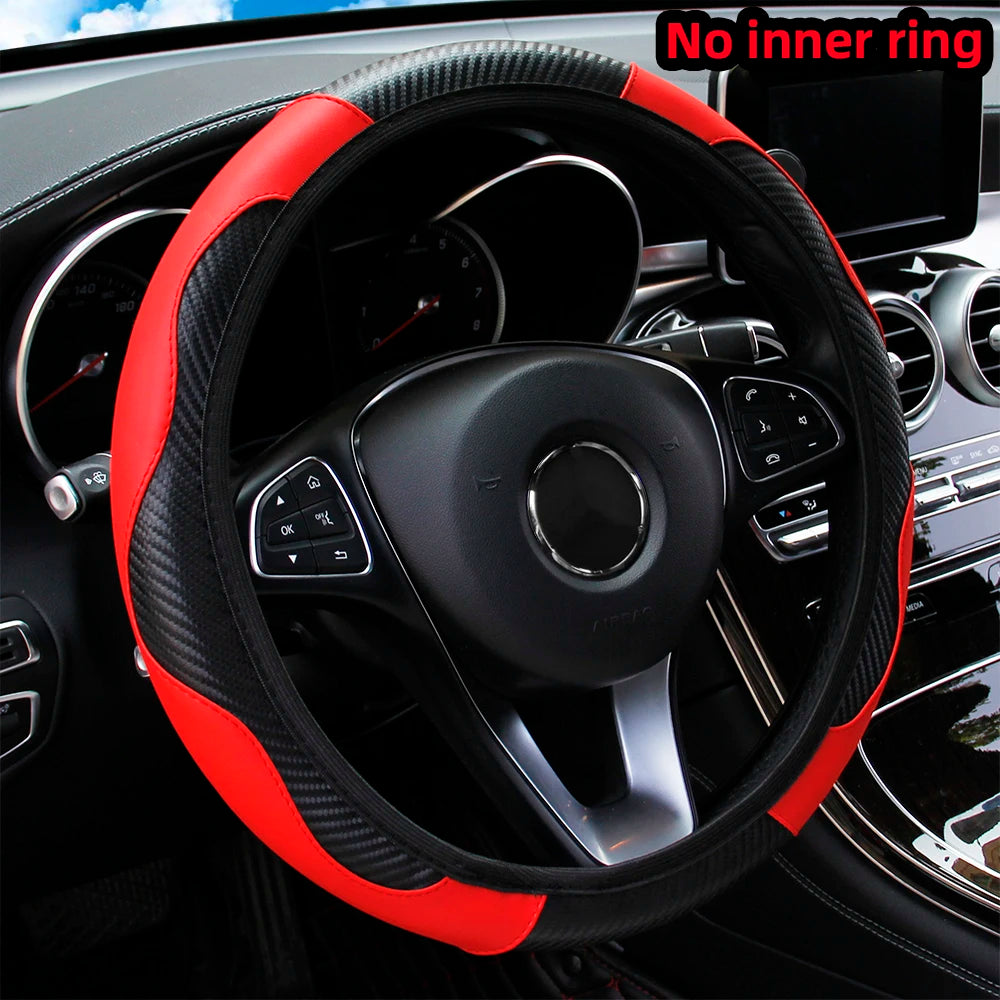 PU Carbon Fiber Leather Car Steering Wheel Cover without Inner Ring Suitable for 14.5-15 Inches Auto Supplies