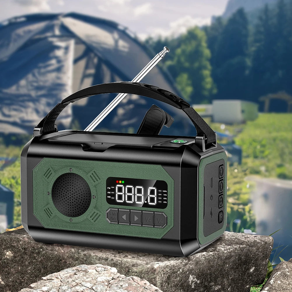 Radio multifunción solar de 12000 mAh con manivela, radio meteorológica de emergencia, lámpara de lectura, banco de energía, alarma SOS para acampar, senderismo, tiendas de campaña