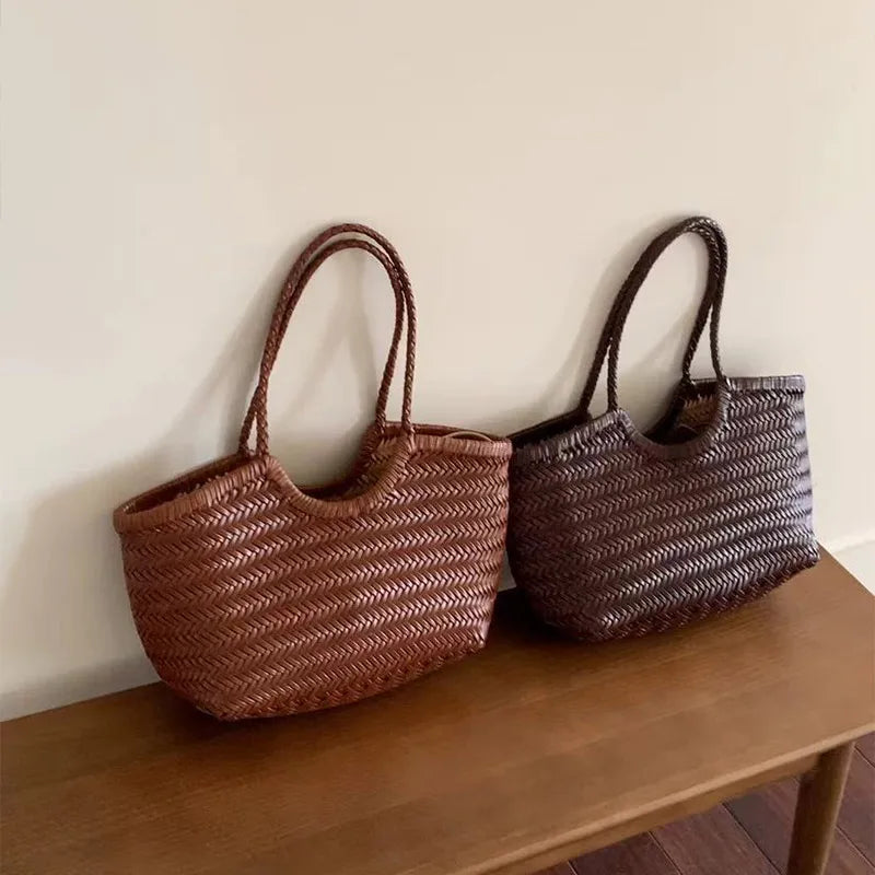 French Leather Woven Bag Fashion Simple Basket Bag Retro Advanced Handmade Bag New Versatile Commuting Women's Shoulder Handbag
