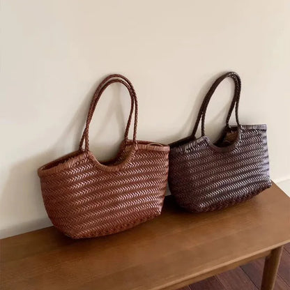 French Leather Woven Bag Fashion Simple Basket Bag Retro Advanced Handmade Bag New Versatile Commuting Women's Shoulder Handbag