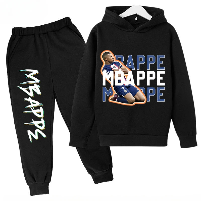 Conjunto de sudadera con capucha para niños, conjunto de sudadera y pantalones con estampado de Mbappe, ropa deportiva de 2 piezas para niños y niñas, primavera y otoño