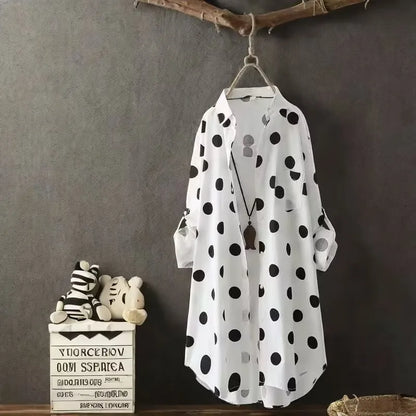 Camisa elegante de manga larga con lunares y talla grande, diseño clásico con botones al frente, ropa informal cómoda y elegante para mujer, nuevo estilo