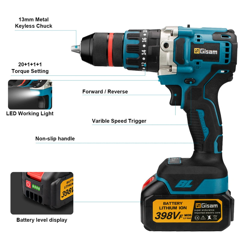 480N.M Brushless Electric Impact Drill Cordless Drill 13mm Electric Screwdriver DIY Driver Power Tool for Makita 18V Battery Pin