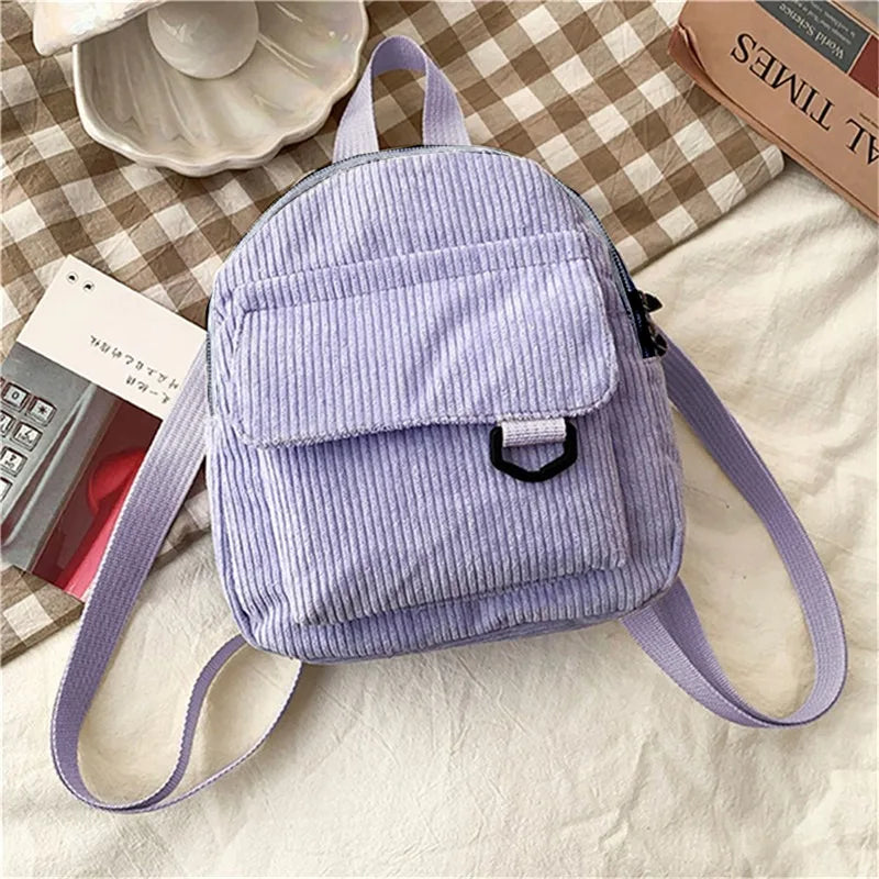 Women's Mini Backpack Fashion Solid Color Corduroy Small Simple Casual Traveling Large Capacity Durable Female's Schoolbag