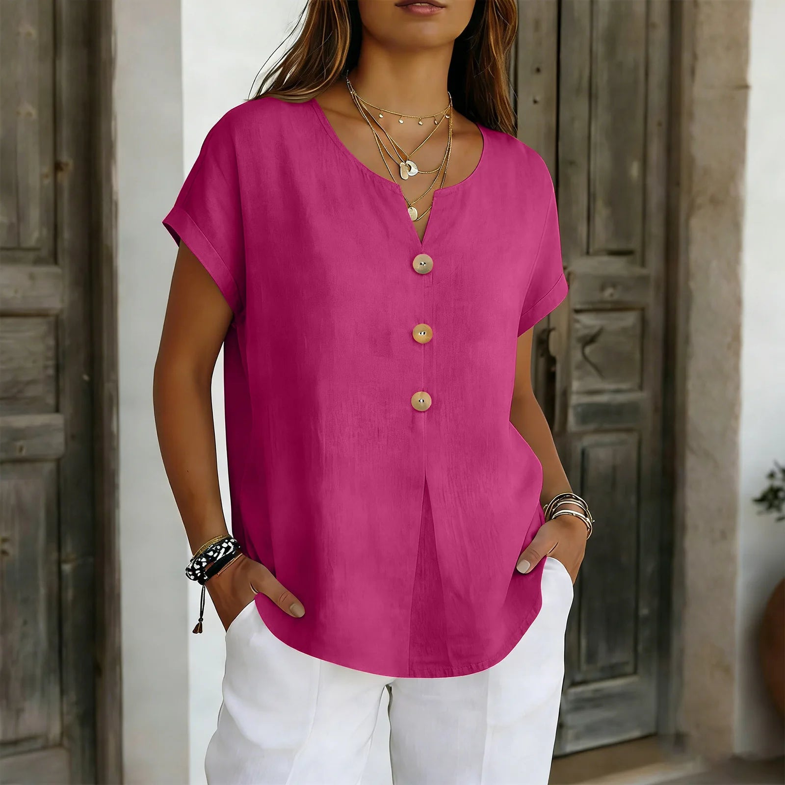 2026 Summer Basic Blouses Women's Shirts Solid Color Casual Short-Sleeve Cotton Linen Fashion Plus Size V-Neck Loose Button Tops
