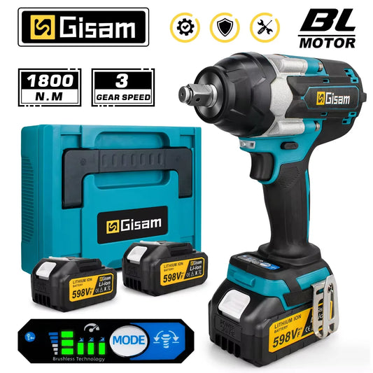 Gisam 1800N.M Torque Brushless Electric Impact Wrench 1/2 Inch Screwdriver Cordless Wrench Power Tool For Makita 18V Battery Pin