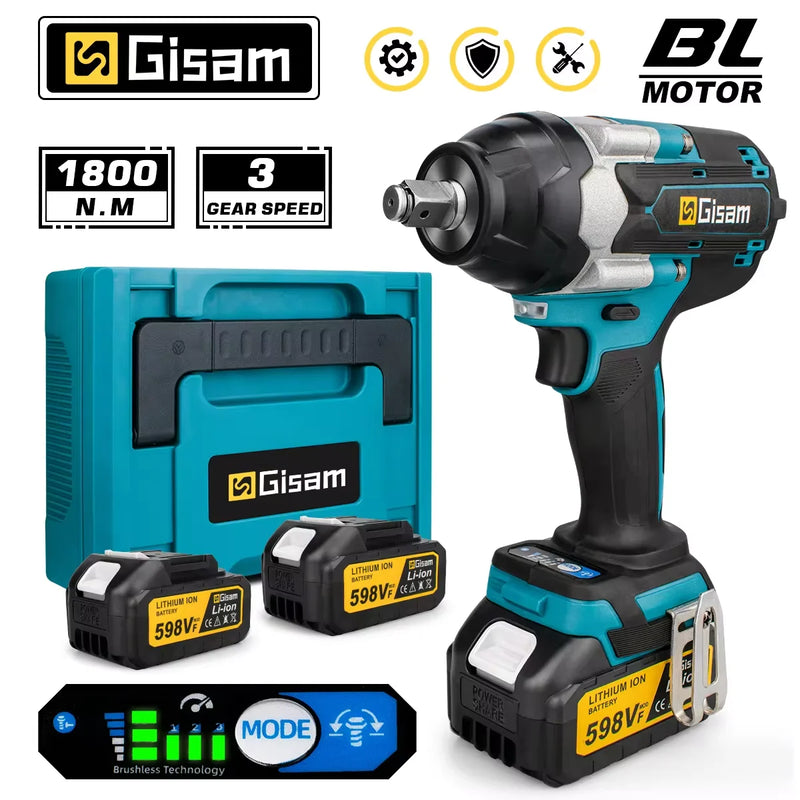 Gisam 1800N.M Torque Brushless Electric Impact Wrench 1/2 inch Screwdriver Cordless Wrench Power Tool For Makita 18V Battery Pin