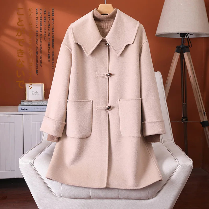 2025 Fashion Large Lapel Horn Button Women's Coat Autumn and Winter New Double-Sided Woolen 100%Pure Wool Warm Coat Large Pocket