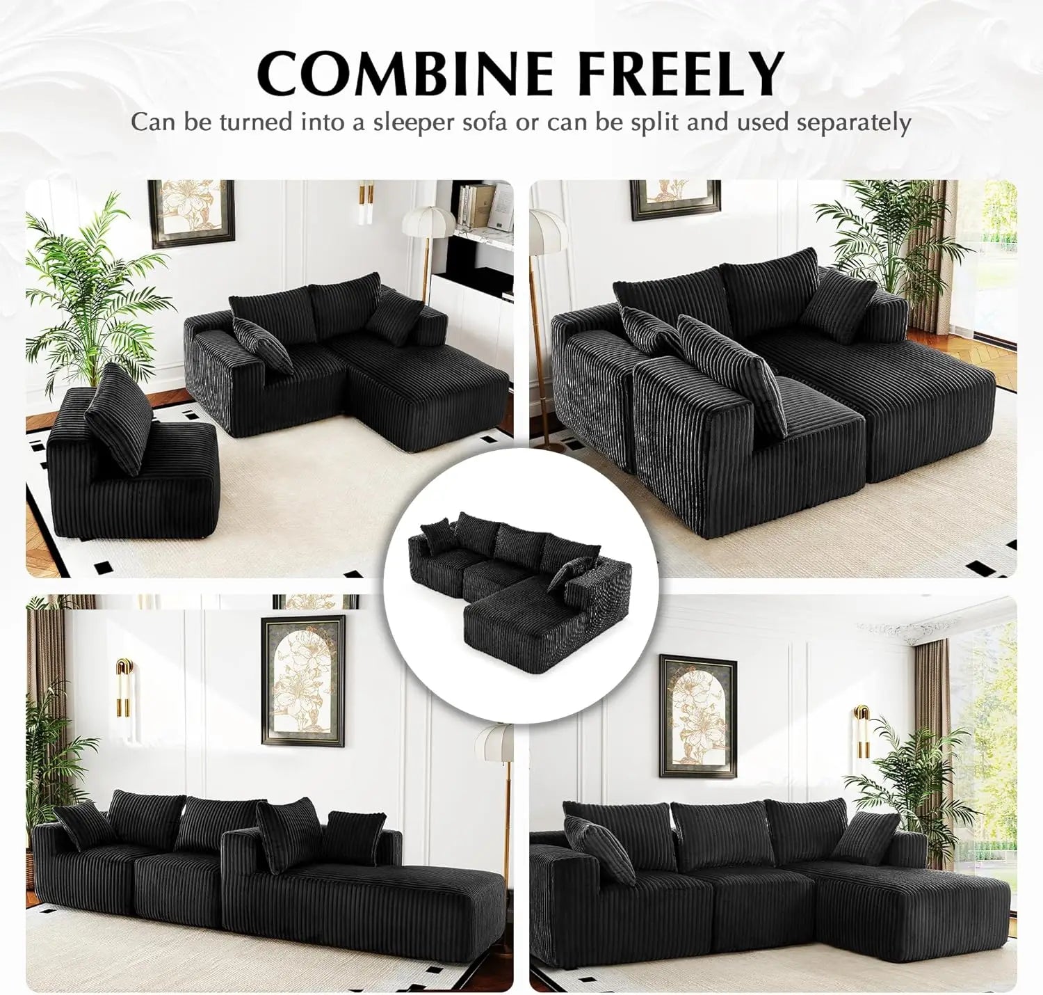 118" Compressed Sofa for Living Room L Shaped Boneless Couch, Modular Sectional Sofa, Sofa Bed Memory Foam Couches with Chaise
