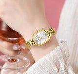 Relógio feminino quadrado dourado em aço inoxidável com calendário